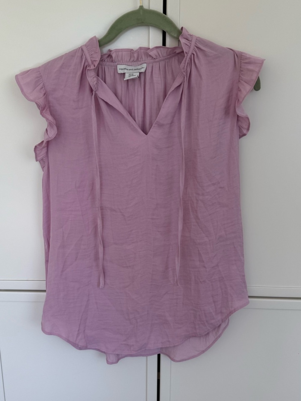 Cupcakes and Cashmere Ruffled Sleeve Pink Silk-Like Blouse with Tie Front Detail